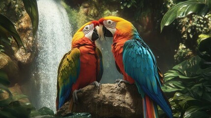 A close-up of two colorful parrots sharing a perch, their vibrant feathers contrasting against the green foliage and the cascading waterfall.