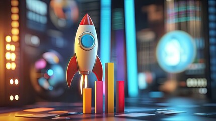 Poster - Business growth concept featuring a 3D rocket and bar chart. Large area available for text.