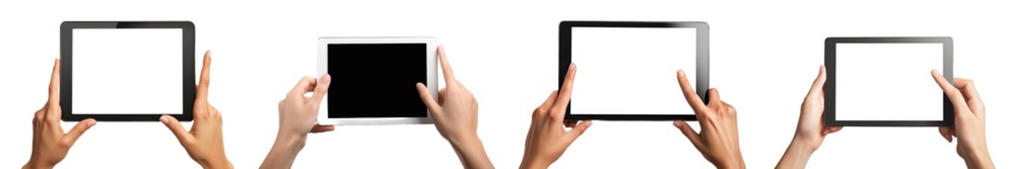 Poster - An isolated white background shows hands touching a blank screen of a black tablet computer