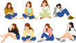 © くろねこ - 考え事をする女性のイラストセット