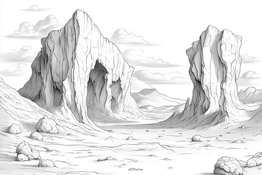 abstract volcanic rock formation rendered in monochrome cartoon style exaggerated shapes bold outlines minimalist landscape