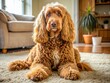 © Curie - a photo image of a large, fluffy, brown dog with long, curly hair covering its body and face, sitting on a carpeted floor with a relaxed expression