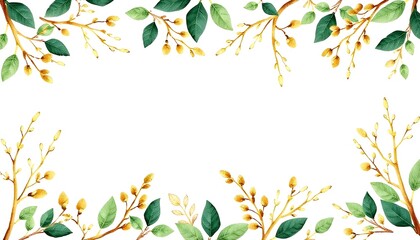 Wall Mural - Delicate branches with soft yellow flowers and green leaves framing a white background