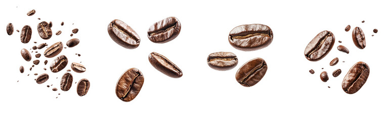 Poster - Coffee beans falling on white background, clipped path, depth of field full