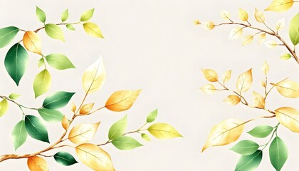 Canvas Print - Delicate branches with soft yellow flowers and green leaves framing a white background