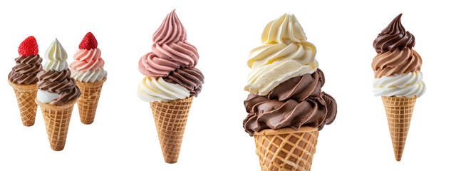 Aufkleber - Real edible ice cream cone with three scoops (vanilla, chocolate, strawberry) on a white background