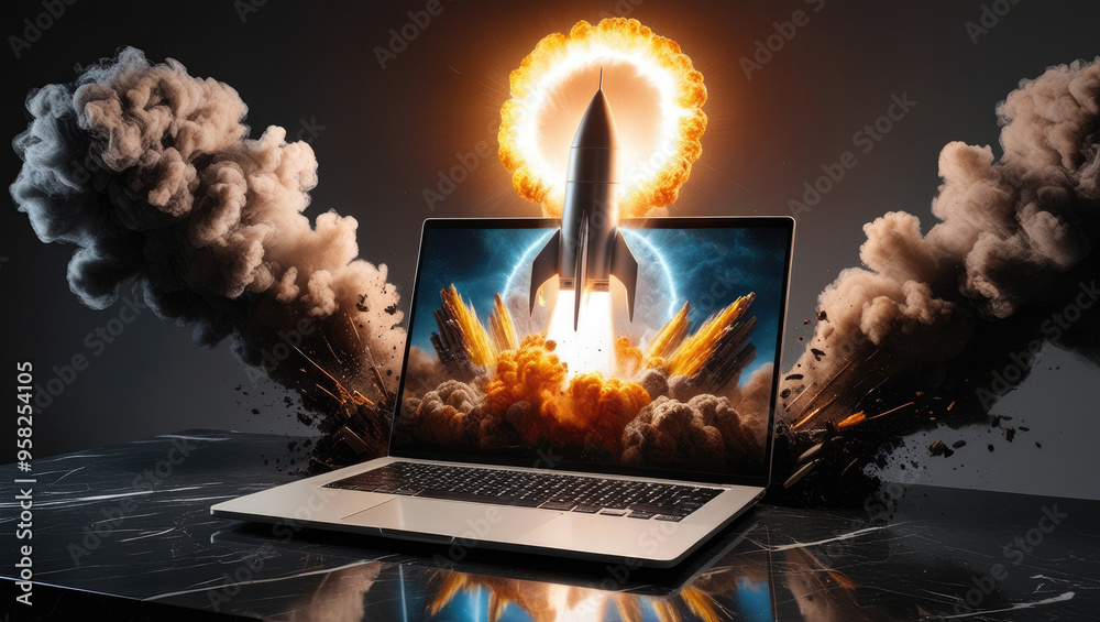 Fast Technology Picture Futuristic High-Speed Rocket Launching from Laptop Screen in a High ...