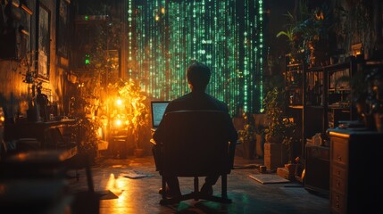 Rear back view silhouette shadow of programmer man sitting on a chair in a dimly lit room, with green digital code matrix on the wall in the background. Hacker, coding, programming, cybersecurity