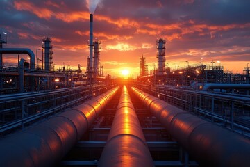 aweinspiring industrial landscape intricate network of pipelines and racks silhouetted against a fiery sunset sky merging industry with natural beauty