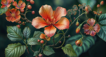 Beautiful floral background with tropical flowers and leaves, botanical illustration.