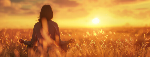 Poster - A woman is sitting in a field of tall grass, looking at the sun