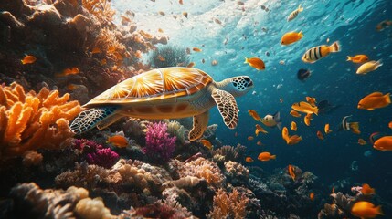 Wall Mural - A variety of fish, from small neon species to larger schools, swimming through coral crevices, with a sea turtle gliding calmly above the reef