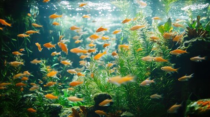 Wall Mural - A variety of small fish species swimming together in a lush aquarium environment at Chonburi, Thailand, with a mix of green plants and corals