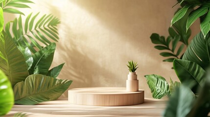 Poster - Indoor display featuring minimalistic wooden stand with potted plant surrounded by tropical greenery in warm light