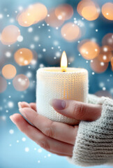 Warm candle held in hands wrapped in a knit sweater, with glowing lights and snowflakes, evoking winter warmth and holiday spirit.