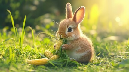 Adorable bunny with fluffy brown and white fur sitting on green grass, happily munching on fresh grass and baby corn, surrounded by nature