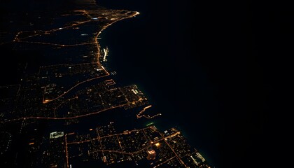 Wall Mural - Aerial view of a coastal city at night, with a winding road and scattered lights illuminating the landscape against a dark background