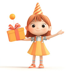 Adorable 3D Girl in a Party Hat Holds a Gift for Your Birthday Celebrations