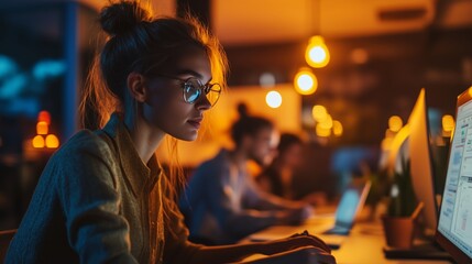 Poster - A young woman focused on her computer in a dimly lit workspace with warm pendant lights during late-night hours