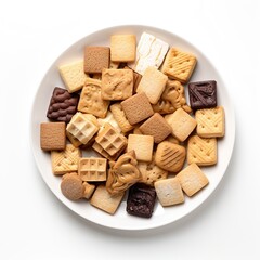 Wall Mural - Many type of square-shaped cookies on a white plate top view isolated on a white background