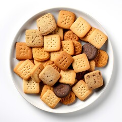 Wall Mural - Many type of square-shaped cookies on a white plate top view isolated on a white background