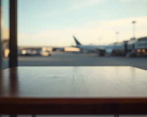 Wall Mural - Close-up of an empty table  in an airport background for product display presentation template design