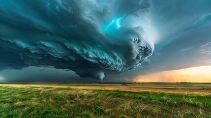 Poster - A large storm cloud is hovering over a field of grass