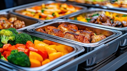 Wall Mural - A buffet of different types of food in trays on a table, AI