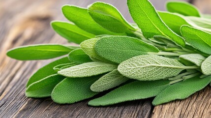 A bunch of sage leaves on a wooden table with some other plants, AI