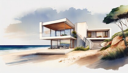 watercolor painting of a modern house by a European beach