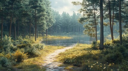 A serene forest landscape featuring a tranquil lake, lush greenery, and a winding path that invites exploration and peace.