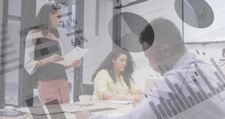 Poster - Financial data charts animation over business meeting in modern office