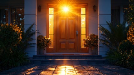 Sunset light shining through door entrance of a modern house