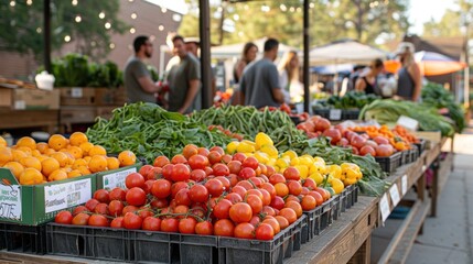 A market with a variety of fruits and vegetables, including tomatoes, oranges