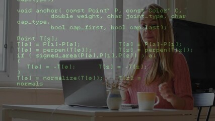 Poster - Programming code animation over woman drinking coffee and using laptop