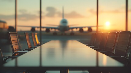 Close-up of an empty table  in an airport background for product display presentation template design