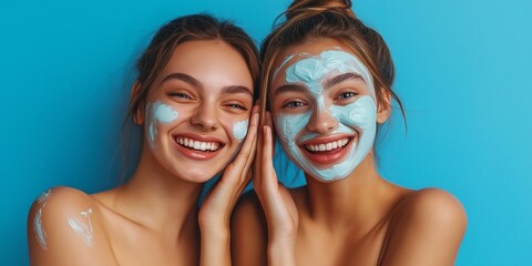 Two women are smiling and wearing blue face masks. They are both happy and enjoying their time together