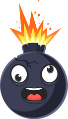 Leinwandbilder - Cartoon bomb character with crazy funky face in boom explosion, vector emoji. Funny comic bomb or cannonball and TNT dynamite explosive ball character with exploding freaky scared face emotion