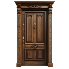 A classic wooden door with ornate brass handles isolated on transparent background (2)