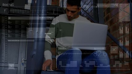 Aufkleber - Using laptop and smartphone, man with data processing animation over him