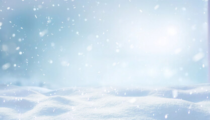 Wall Mural - Winter Christmas natural snow background. Soft snowflakes falling on snowdrifts. Beautiful atmospheric lighting.