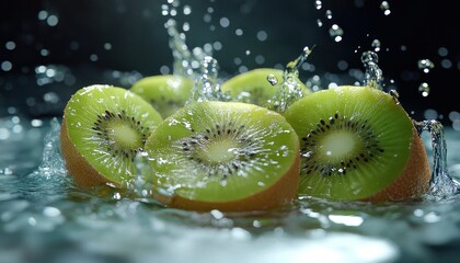 Poster - Kiwi Fruit Slices Splashing in Water