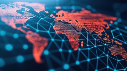 Poster - Digital map with points marking important internet information, Internet Points Information, visualization featuring interconnected nodes and global data representation in vibrant red and blue tones.