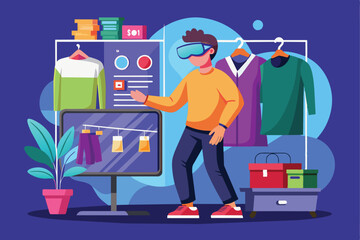 Poster - A man wearing virtual reality glasses stands before a clothes rack, exploring fashion options in an immersive experience.