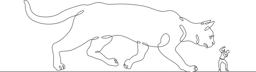 Poster - continuous one line drawing giant cat with a small man. the man is afraid of the big cat. animals ar