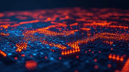 Poster - Digital map with points marking important internet information, Internet Points Information, data dots in orange and blue, representing technology and data flow.