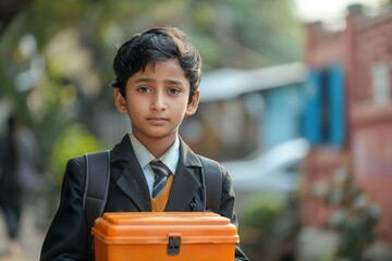 Young Indian student in school attire carrying a lunch box