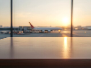 Close-up of an empty table  in an airport background for product display presentation template design