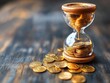 © VISA-3UK - Time is Money:  A gold hourglass filled with coins symbolizes the fleeting nature of time and the importance of financial investment. The image evokes a sense of urgency and the value of time.