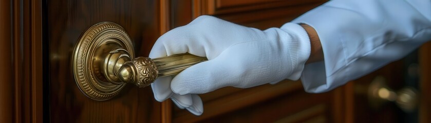 Bellhop's hand wearing white glove grasping hotel door handle, luxury hospitality close-up, attention to detail and service quality